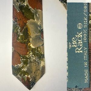 TIE RACK Charleston Abstract Floral Green Brown Slim Italian Silk Tie, 2.5”